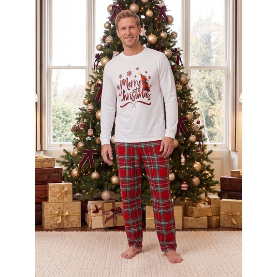 Christmas Family Matching Pajamas Set Print Long Sleeve Tops, Plaid Pants