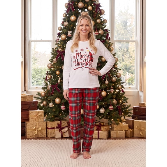 Christmas Family Matching Pajamas Set Print Long Sleeve Tops, Plaid Pants
