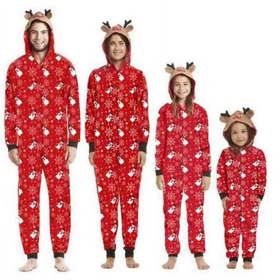 Christmas Family Matching Pajamas Set Reindeer Hooded Onesie Zipper Romper Holiday Sleepwear Nightwear, Mom S