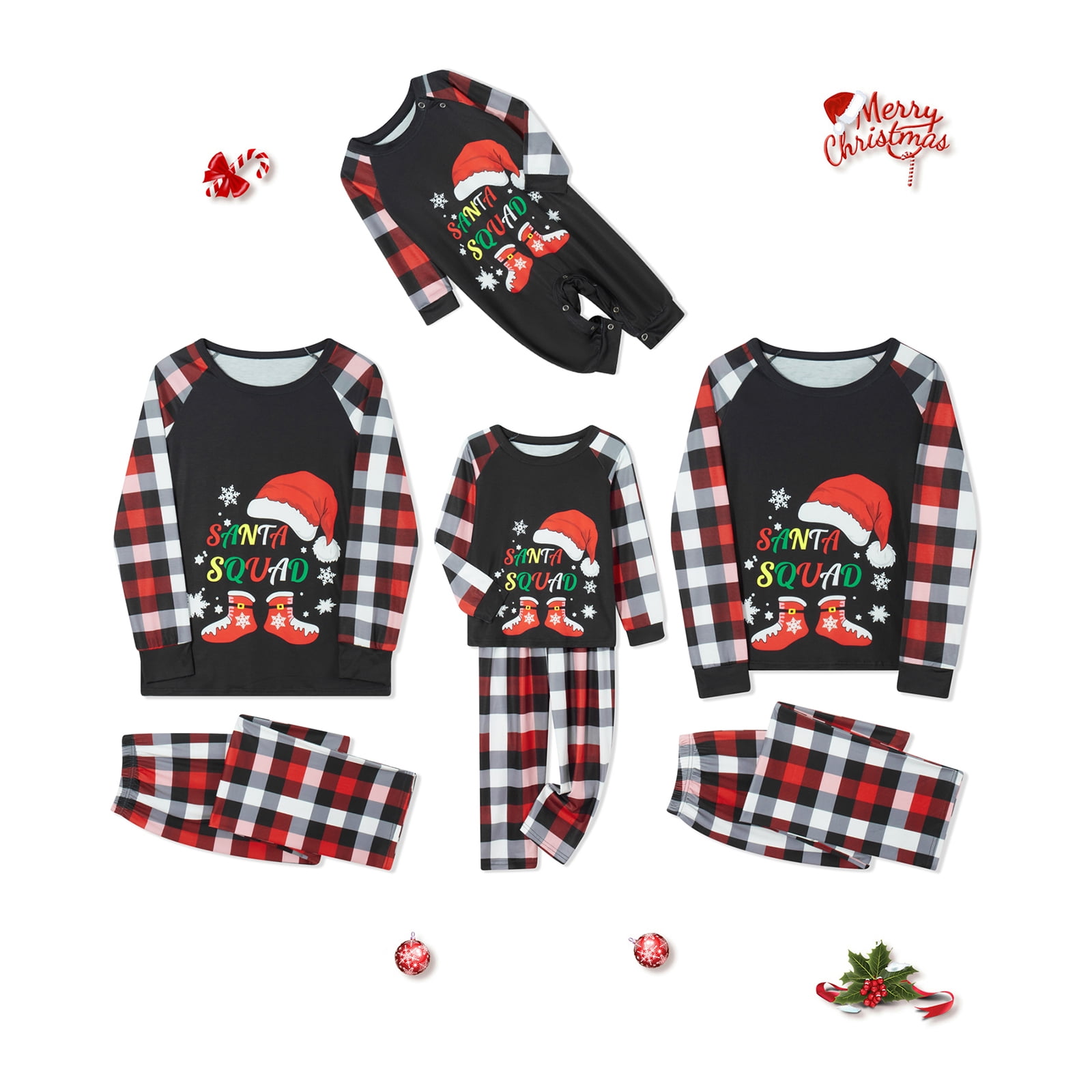 Christmas Family Matching Pajamas Set Santa Hat Boots Print Tops Plaid Pants Set Holiday Pjs Sleepwear Loungwear Outfit
