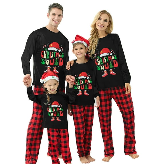 Christmas Family Matching Pajamas Set Santa Hat Letter Print Tops+Plaid Pants Xmas Holiday Pjs Sleepwear Loungwear