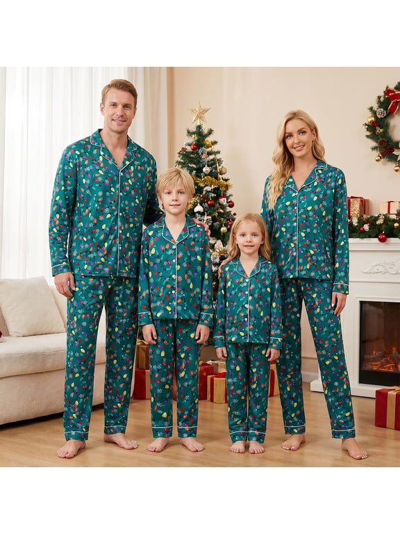 Christmas Family Matching Pajamas Set Snowflake String Lights Print Holiday Sleepwear Loungewear