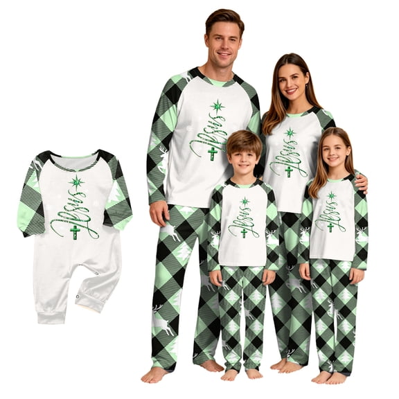 Christmas Family Matching Pajamas Sets Christmas PJ's Jesus Letter Print Top and Mint‑Green Plaid Pants Jammies Sleepwear for Mom Dad Kids Baby