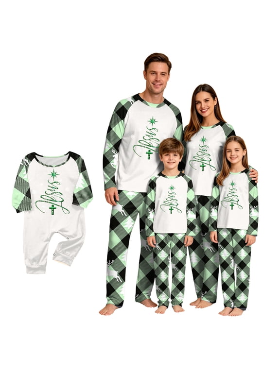 Christmas Family Matching Pajamas Sets Christmas PJ's Jesus Letter Print Top and Mint‑Green Plaid Pants Jammies Sleepwear for Mom Dad Kids Baby