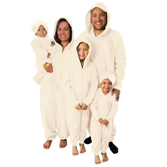 Christmas Family Matching Pajamas Sets with Hood, Pure Beige Thickened Plush Warm Flannel, Merry Christmas Pajamas, Long Sleeved Pajamas Zipper Style, Xmas Festival Pjs, Christmas Theme Pajamas