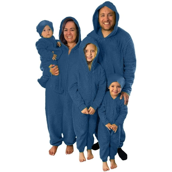 Christmas Family Matching Pajamas Sets with Hood, Pure Blue Thickened Plush Warm Flannel, Merry Christmas Pajamas, Long Sleeved Pajamas Zipper Style, Xmas Festival Pjs, Christmas Theme Pajamas