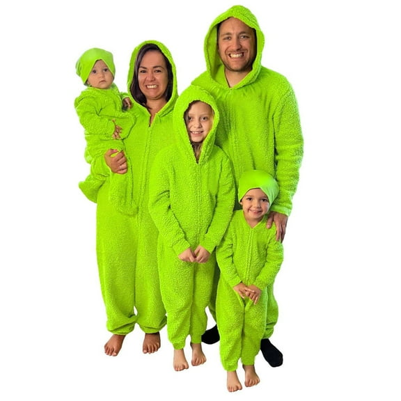 Christmas Family Matching Pajamas Sets with Hood, Pure Green Thickened Plush Warm Flannel, Merry Christmas Pajamas, Long Sleeved Pajamas Zipper Style, Xmas Festival Pjs, Christmas Theme Pajamas