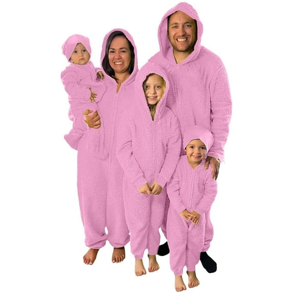Christmas Family Matching Pajamas Sets with Hood, Pure Pink Thickened Plush Warm Flannel, Merry Christmas Pajamas, Long Sleeved Pajamas Zipper Style, Xmas Festival Pjs, Christmas Theme Pajamas