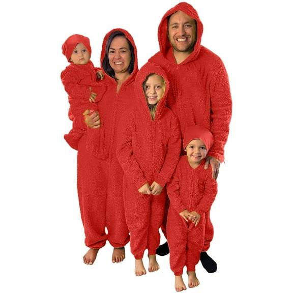 Christmas Family Matching Pajamas Sets with Hood, Pure Red Thickened Plush Warm Flannel, Merry Christmas Pajamas, Long Sleeved Pajamas Zipper Style, Xmas Festival Pjs, Christmas Theme Pajamas