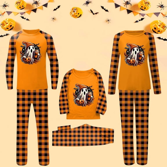 Christmas Family Matching Pajamas Sets Orange Style, Warm & Loose & Skin-friendly, Long Sleeved Round Collar Pajamas Set, Xmas Festival Pjs, Halloween Theme Pajamas