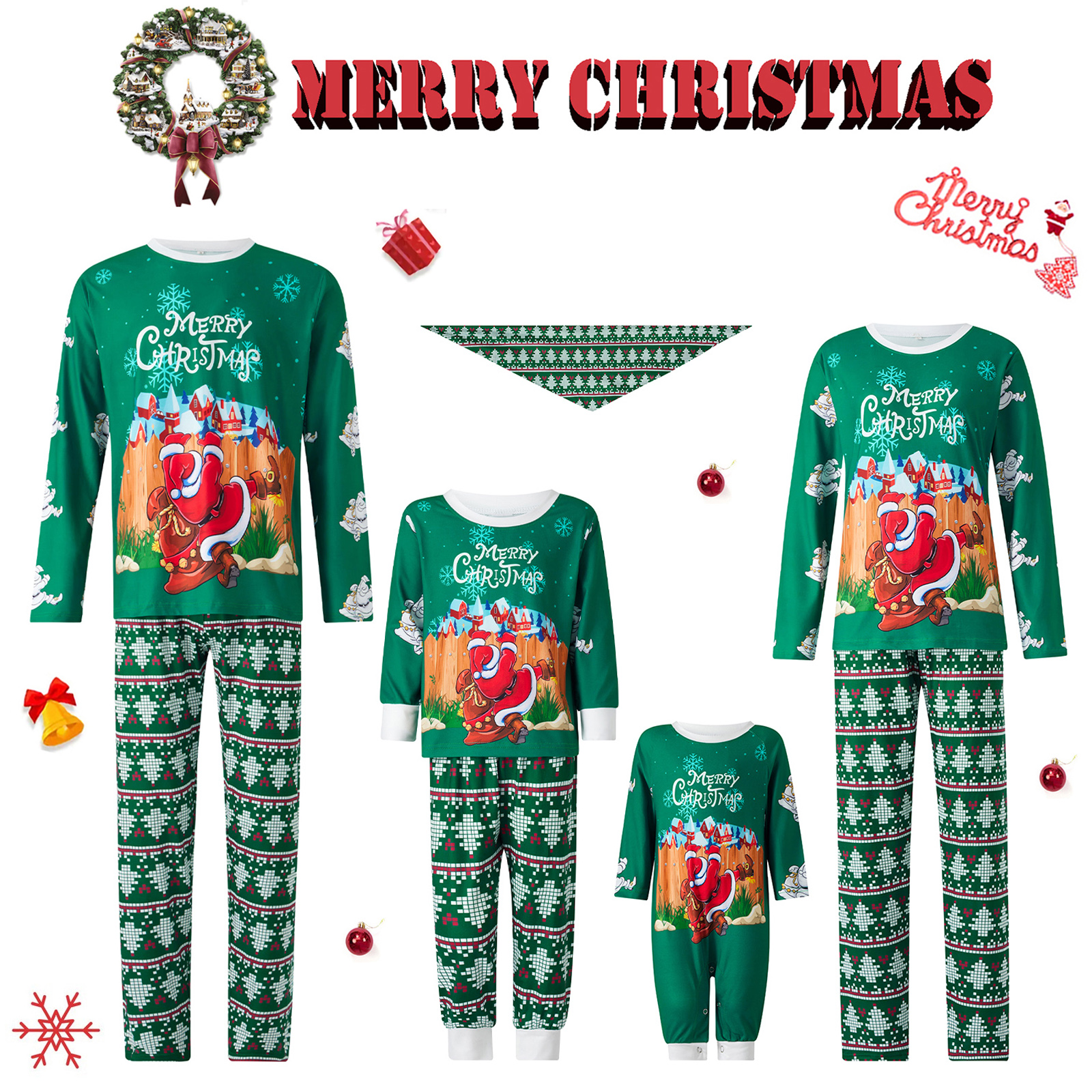 Christmas Family Matching Pajamas Sets Santa Snowflake Print Tops Pants