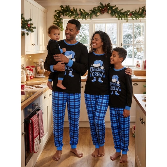 Christmas Family Matching Sleepwear Set, Plaid + Letter Print Pajamas for Dad Mom Kids