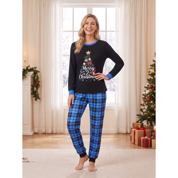Christmas Family Pajamas Long Sleeve Christmas Tree Print Tops Plaid Pants