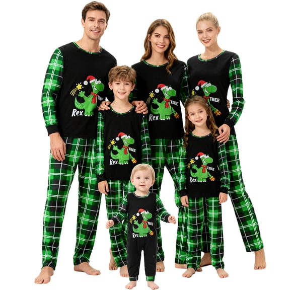 Christmas Family Pajamas Matching Set Cartoon Dinosaur Top Plaid Pant Sleepwear Loungewear