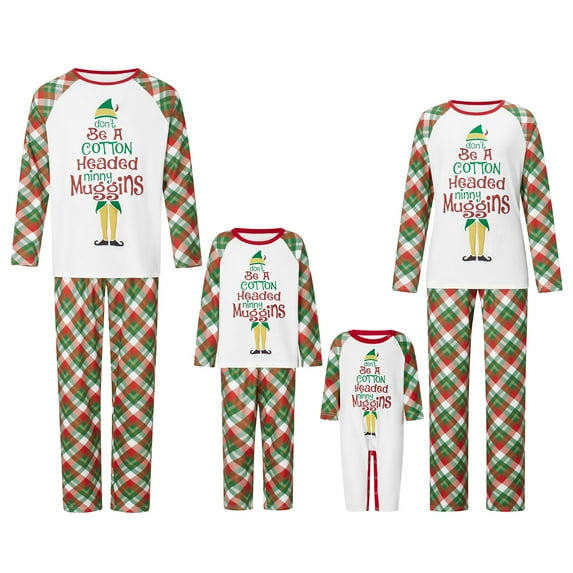 Christmas Family Pajamas Matching Set Cartoon Print Raglan Sleeve Tops and Elastic Plaid Pants Loungewear Soft Sleepwear