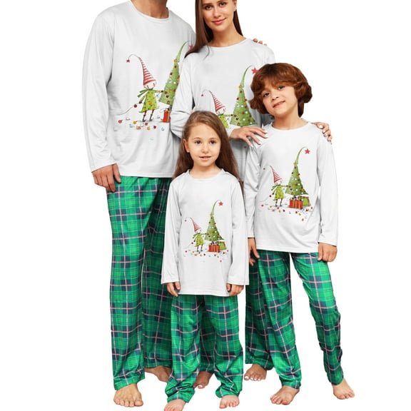 Christmas Family Pajamas Matching Set Christmas Tree Print Long Sleeve Tops and Plaid Pants Sleepwear