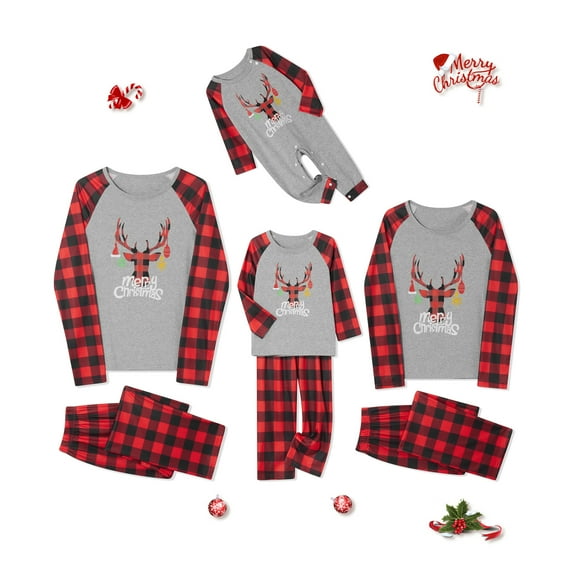 Christmas Family Pajamas Matching Set Elk Plaid Print Long Sleeve Tops and Pants Loungewear Soft Sleepwear