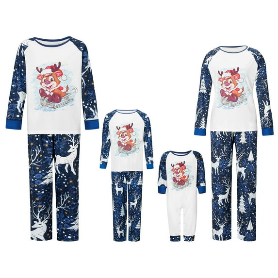 Christmas Family Pajamas Matching Set, Elk Print Long Sleeve T-shirt with Pants Sleepwear Loungewear
