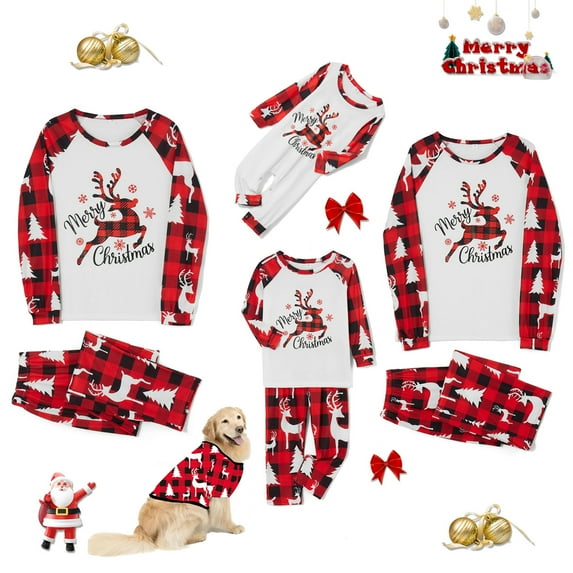 Christmas Family Pajamas Matching Set, Elk Print Long Sleeve Tops and Red Plaid Pants Sleepwear