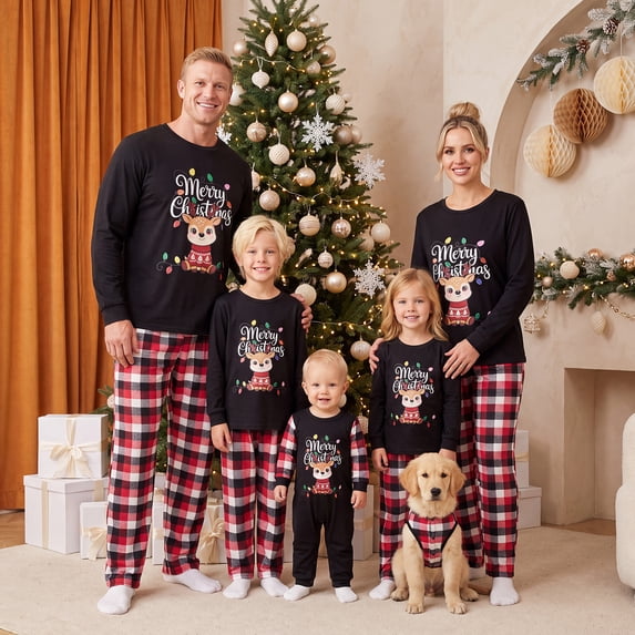 Christmas Family Pajamas Matching Set Elk Print Plaid Pajamas Sleepwear Pjs with Dog