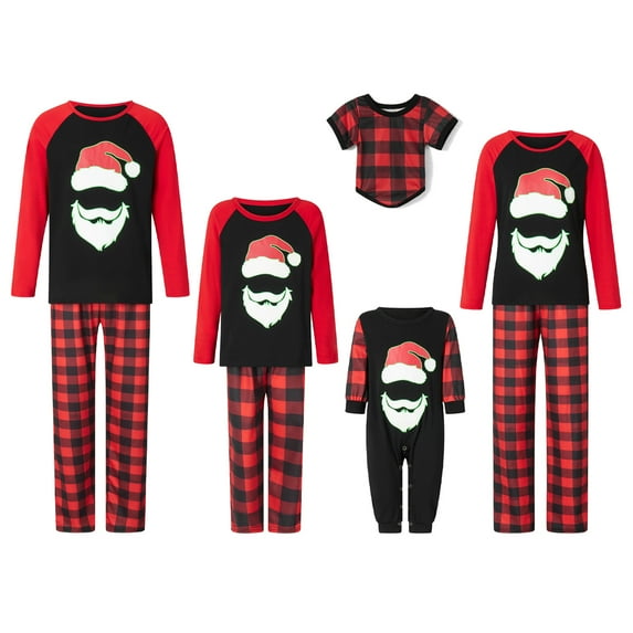 Christmas Family Pajamas Matching Set, Glow in Dark Cartoon Print Long Sleeve Tops and Plaid Pants Loungewear Sleepwear