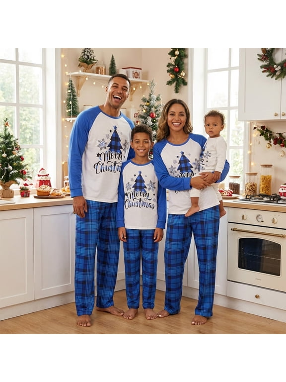 Christmas Family Pajamas Matching Set Letter Christmas Tree Print Long Sleeve Tops Plaid Pant
