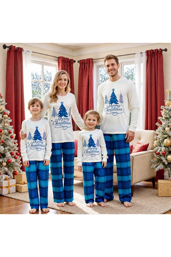 Christmas Family Pajamas Matching Set Letter Christmas Tree Print Long Sleeve Tops Plaid Pant