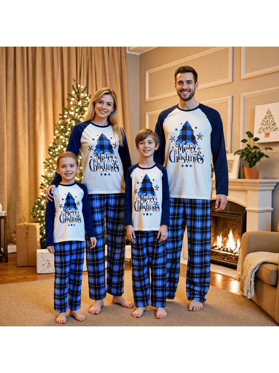Christmas Family Pajamas Matching Set Letter Christmas Tree Print Long Sleeve Tops Plaid Pant