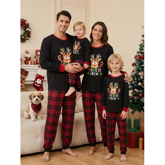 Christmas Family Pajamas Matching Set Letter Elk Print Long Sleeve Tops and Plaid Pants Sleepwear