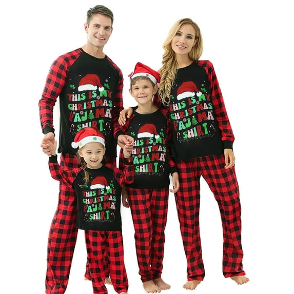 Christmas Family Pajamas Matching Set Letter Print Long Sleeve Tops and Elastic Plaid Pants Loungewear Soft Sleepwear