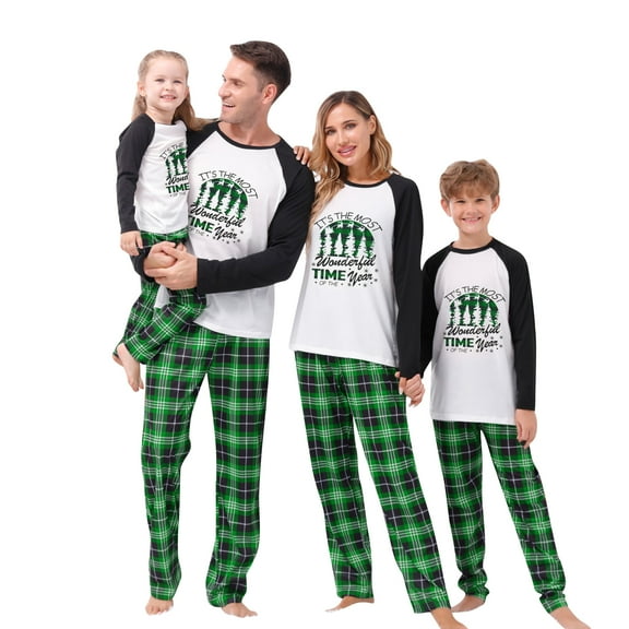 Christmas Family Pajamas Matching Set Letter Print Long Sleeve Tops and Plaid Pants Loungewear Soft Sleepwear