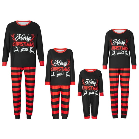 Christmas Family Pajamas Matching Set Letter Print Long Sleeve Tops and Striped Pants Loungewear Soft Sleepwear