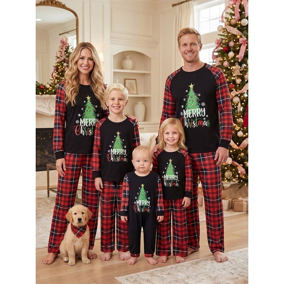 Christmas Family Pajamas Matching Set Letters Tree Print T-shirt with Plaid Pants Sleepwear Loungewear