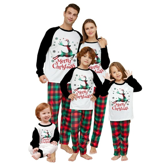 Christmas Family Pajamas Matching Set, Long Sleeve Deer Letters Print T-shirt with Plaid Pants Sleepwear Loungewear
