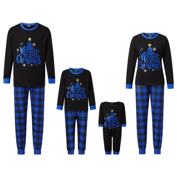 Christmas Family Pajamas Matching Set Long Sleeve Star Tree Print Tops Plaid Pants Set
