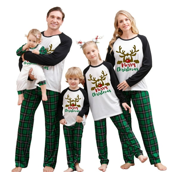 Christmas Family Pajamas Matching Set, Long Sleeve Elk Letters T-shirt with Plaid Pants Sleepwear Loungewear