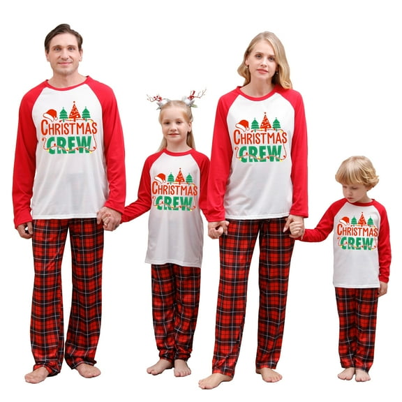 Christmas Family Pajamas Matching Set, Long Sleeve Letters Print T-shirt with Plaid Pants Sleepwear Loungewear