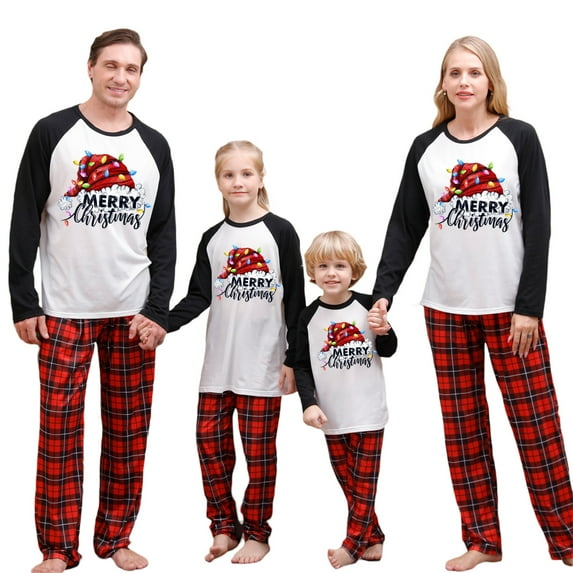 Christmas Family Pajamas Matching Set, Long Sleeve Letters Print T-shirt with Plaid Pants Sleepwear Loungewear