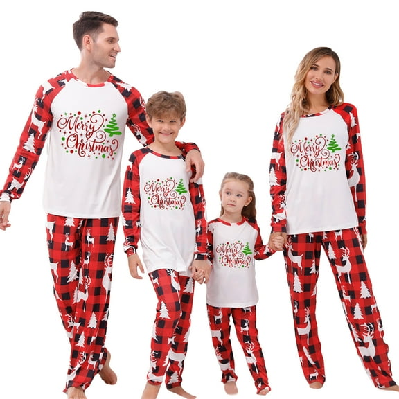 Christmas Family Pajamas Matching Set, Long Sleeve Letters Print T-shirt with Plaid Pants Sleepwear Loungewear