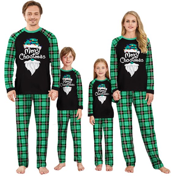 Christmas Family Pajamas Matching Set Long Sleeve Letters Print Top Green Plaid Pants Loungewear