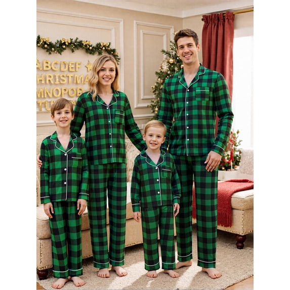 Christmas Family Pajamas Matching Set, Long Sleeve Shirt with Pants Plaid Sleepwear Loungewear