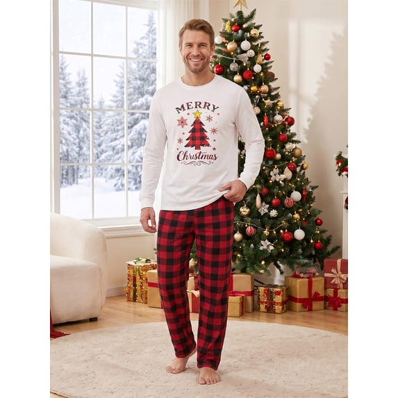 Christmas Family Pajamas Matching Set Long Sleeve Tops and Plaid Pants Set