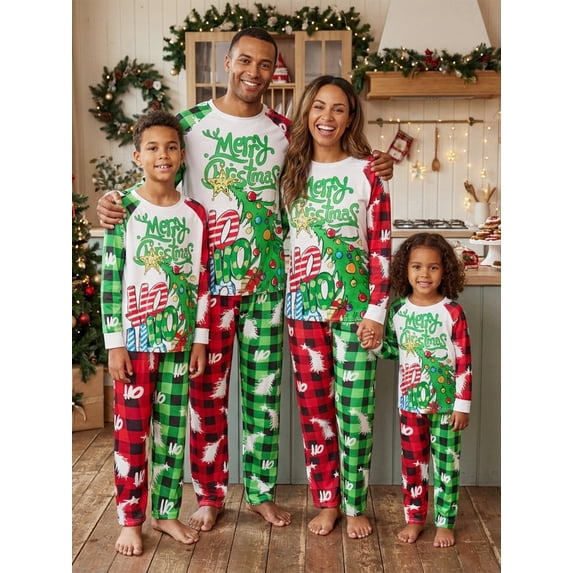 Christmas Family Pajamas Matching Set Long Sleeve Tree Letters Print T-shirt with Plaid Pants Sleepwear Loungewear