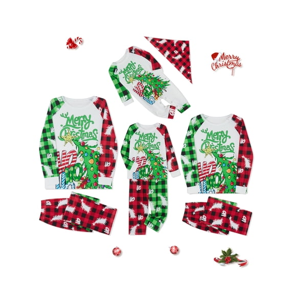 Christmas Family Pajamas Matching Set, Long Sleeve Xmas Tree Letters Print T-shirt with Plaid Pants Sleepwear Loungewear
