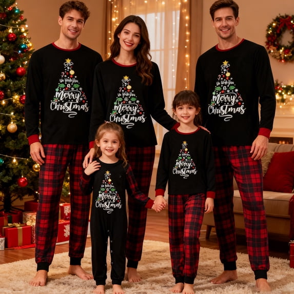 Christmas Family Pajamas Matching Set Merry Christmas Tree Print Holiday Pjs Sleepwear Outfits