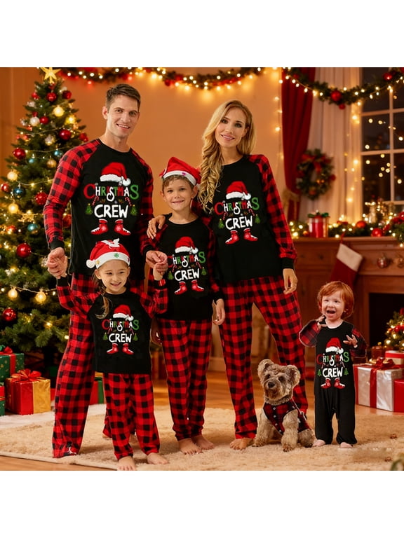 Christmas Family Pajamas Matching Set Plaid Christmas Crew Print Holiday Pjs Sleepwear Nightwear