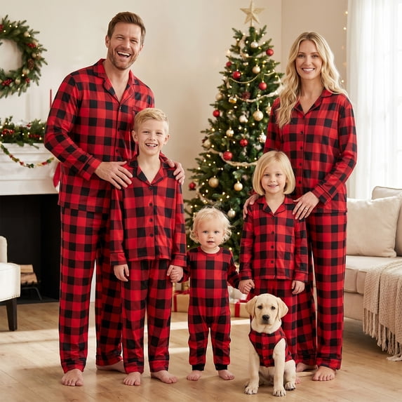 Christmas Family Pajamas Matching Set Plaid Pattern Holiday Sleepwear Set with Dog Shirt