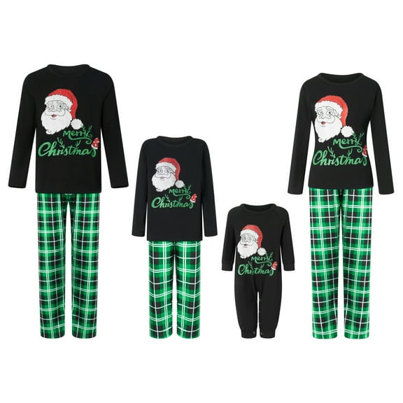 Christmas Family Pajamas Matching Set Santa Claus Print Long Sleeve Tops and Green Plaid Pants Sleepwear