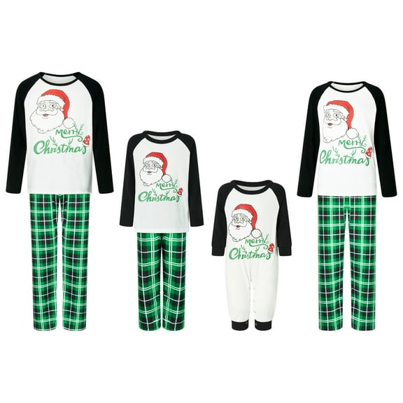 Christmas Family Pajamas Matching Set Santa Claus Print Long Sleeve Tops and Plaid Pants Loungewear Soft Sleepwear