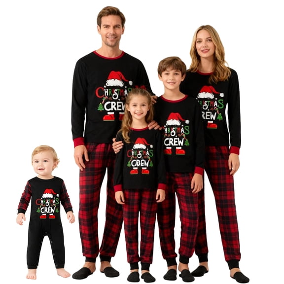 Christmas Family Pajamas Matching Set Santa Claus Print Long Sleeve Tops and Plaid Pants Sleepwear Soft Nightwear